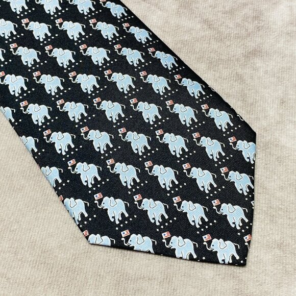 Sero Mens Tie Elephant Pattern US Flags Patriotic Silk Hand Made Neckwear - Picture 1 of 10